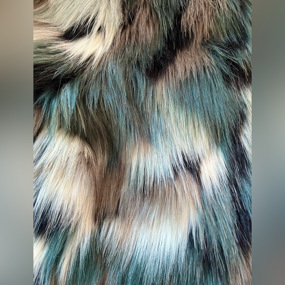 Willow And Clay Faux Fur Coat Teal Gray Multi Color Open Front Jacket Boho - Picture 7 of 12